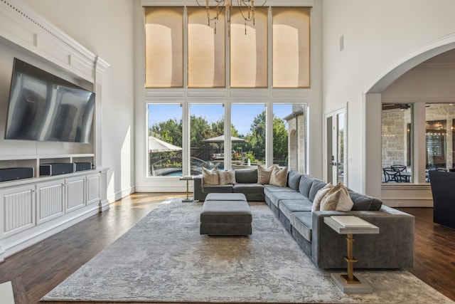 living room featuring a towering ceiling and dark hardwood / wood-style floors