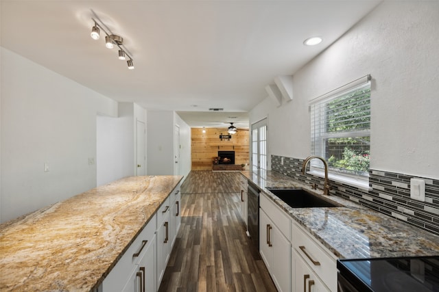 kitchen with white cabinets, backsplash, and sink