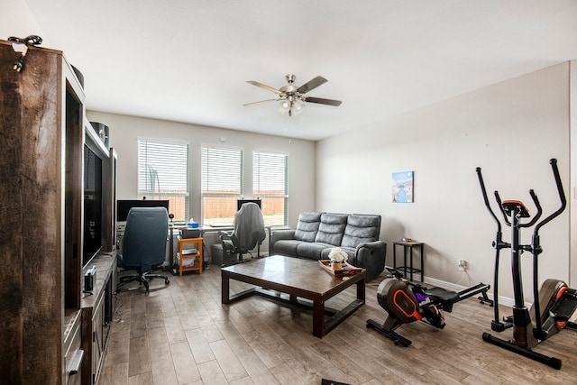 living room with hardwood / wood-style flooring and ceiling fan