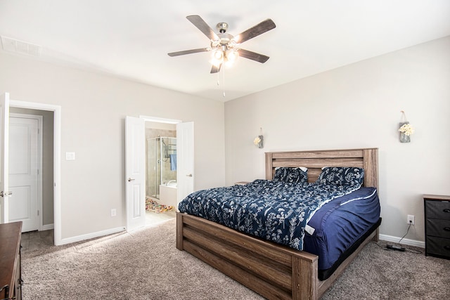 carpeted bedroom featuring connected bathroom and ceiling fan