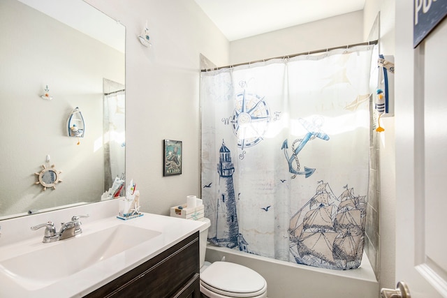 full bathroom with vanity, toilet, and shower / bath combo with shower curtain