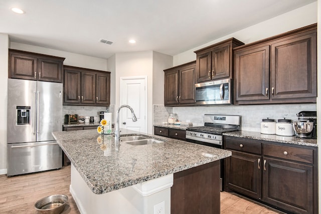 kitchen with decorative backsplash, light hardwood / wood-style flooring, a center island with sink, sink, and appliances with stainless steel finishes