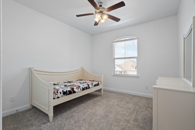 bedroom with light colored carpet and ceiling fan