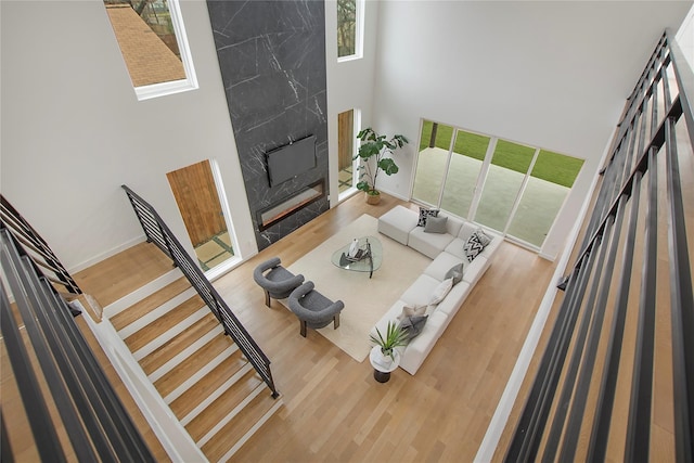 living room with a towering ceiling, hardwood / wood-style floors, and a premium fireplace