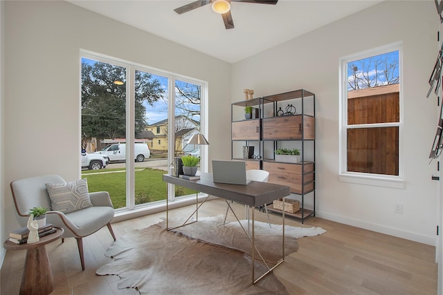 home office with light hardwood / wood-style floors and ceiling fan