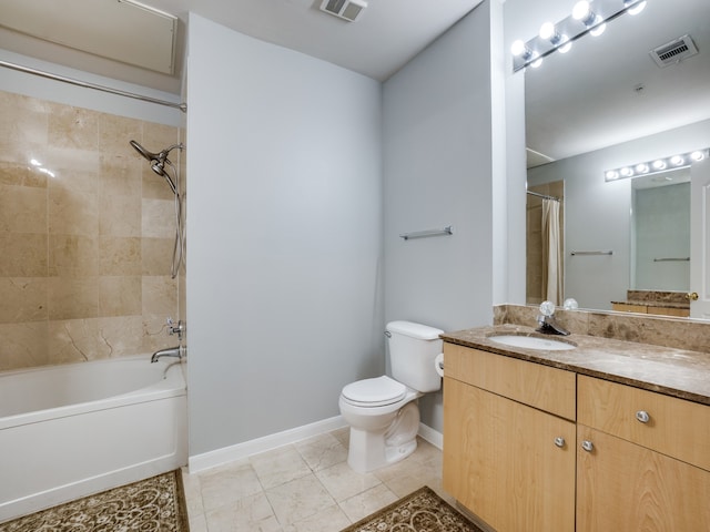 full bathroom with toilet, vanity, and shower / bathtub combination with curtain