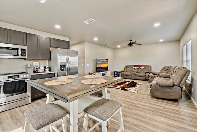 kitchen featuring light hardwood / wood-style floors, stainless steel appliances, and ceiling fan