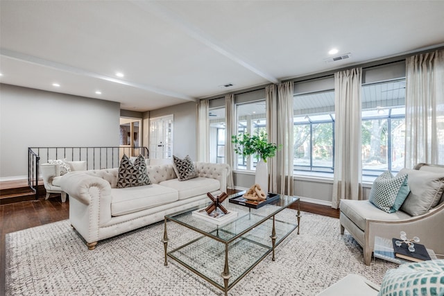 15211 Meandering Way, Dallas, TX 75248 - living room featuring visible vents, recessed lighting, baseboards, and wood finished floors