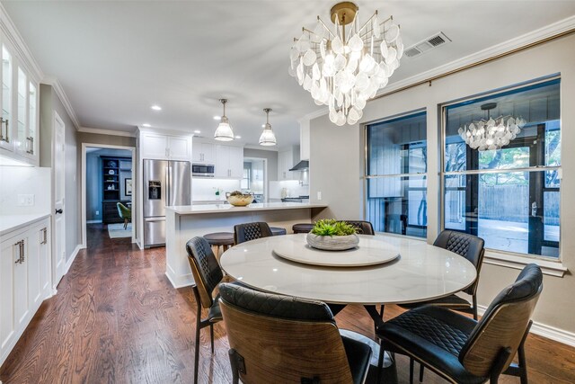 15211 Meandering Way, Dallas, TX 75248 - dining room with an inviting chandelier, a wealth of natural light, ornamental molding, and visible vents