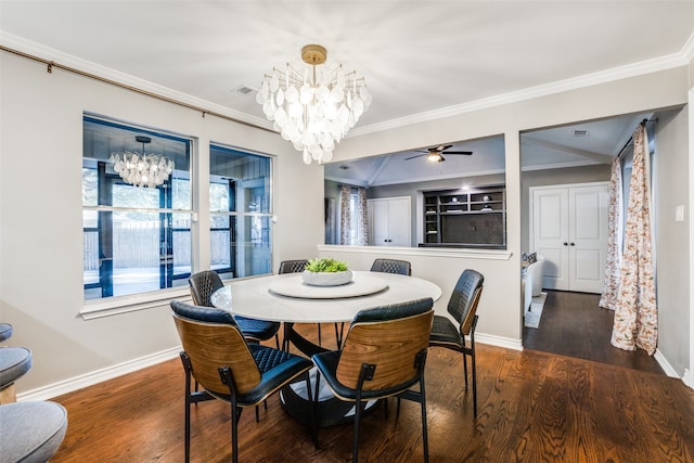 dining area featuring ceiling fan with notable chandelier, crown molding, and dark hardwood / wood-style floors