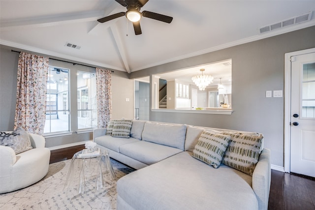 living room with crown molding, lofted ceiling with beams, hardwood / wood-style flooring, and ceiling fan with notable chandelier