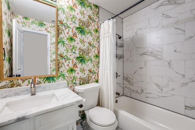 full bathroom featuring vanity, shower / tub combo with curtain, and toilet