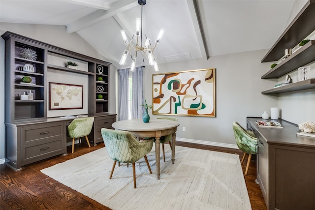 dining area featuring built in desk, dark wood-type flooring, lofted ceiling with beams, and an inviting chandelier