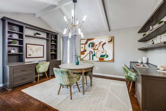 15211 Meandering Way, Dallas, TX 75248 - dining room with dark wood-style flooring, an inviting chandelier, baseboards, vaulted ceiling with beams, and visible vents