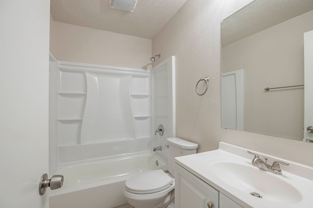 full bathroom with toilet, a textured ceiling, vanity, and shower / bathtub combination