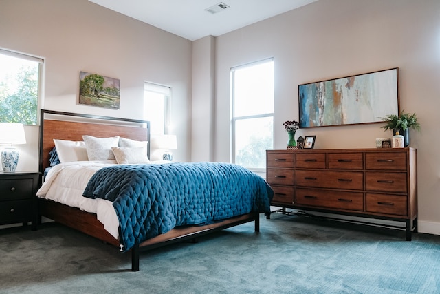 bedroom with dark carpet