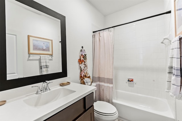 full bathroom with vanity, shower / bath combination with curtain, and toilet