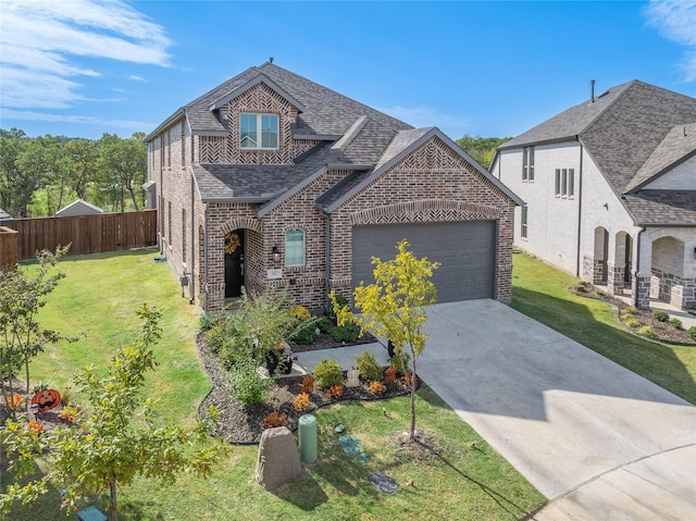 view of front of home with a front yard and a garage