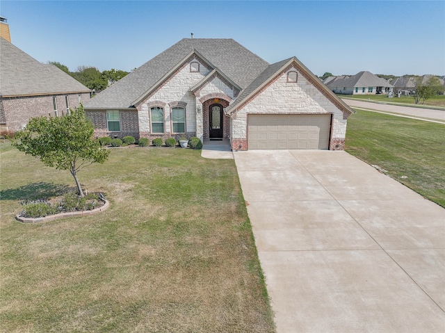 french country style house with a front lawn and a garage