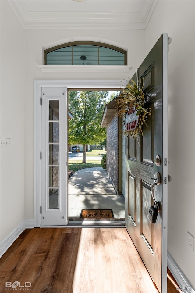 doorway featuring crown molding and wood-type flooring