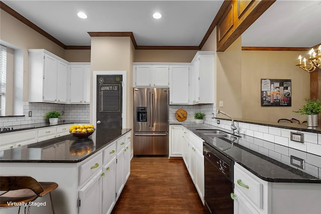 kitchen featuring stainless steel refrigerator with ice dispenser, sink, black dishwasher, dark hardwood / wood-style floors, and white cabinetry