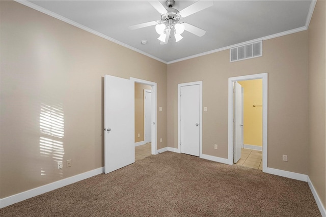 unfurnished bedroom with ceiling fan, light colored carpet, and ornamental molding