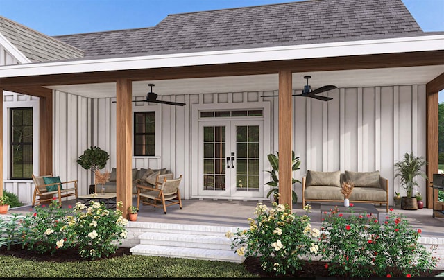 wooden terrace with french doors, a patio area, and ceiling fan