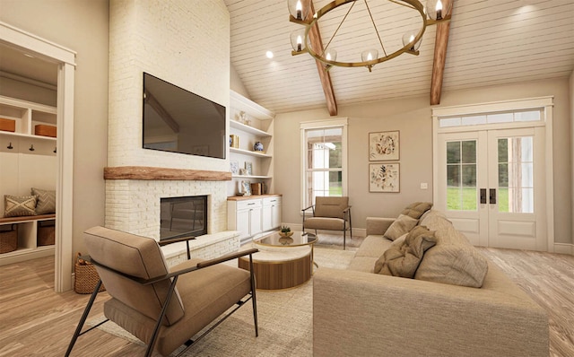 living room with french doors, wood ceiling, vaulted ceiling, a brick fireplace, and light wood-type flooring