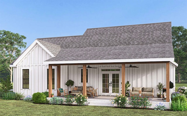 rear view of property with french doors, a lawn, and ceiling fan