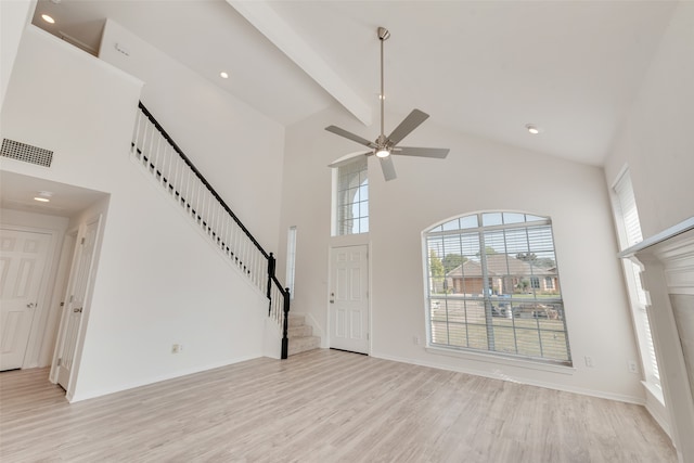 unfurnished living room with beamed ceiling, light hardwood / wood-style flooring, high vaulted ceiling, and ceiling fan