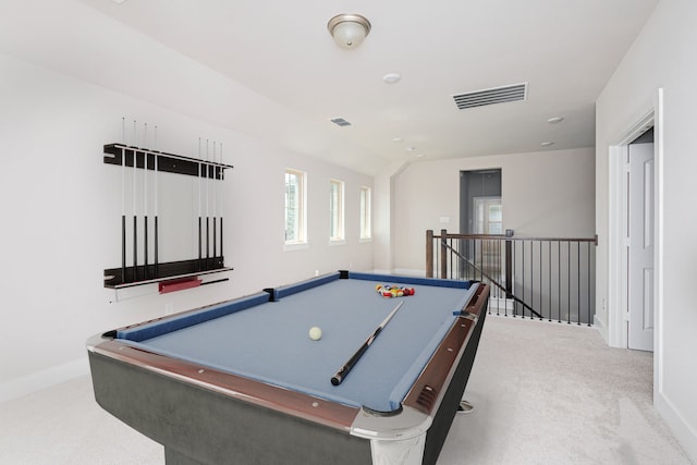 rec room with lofted ceiling, carpet floors, and pool table