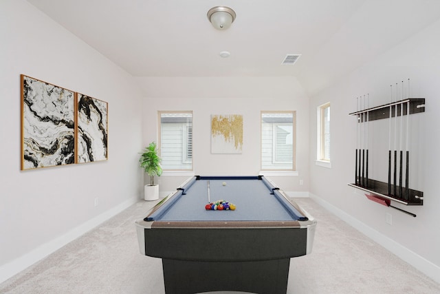 recreation room with vaulted ceiling, carpet, and billiards