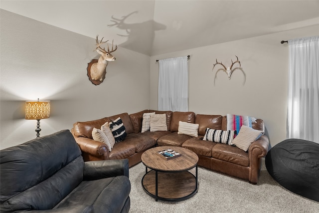 living room with carpet flooring and lofted ceiling