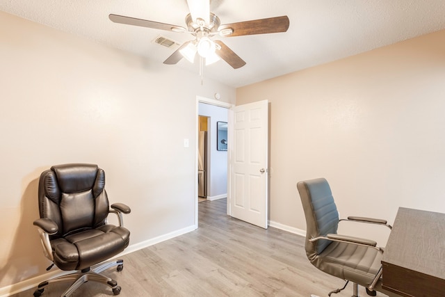 home office with light hardwood / wood-style floors, a textured ceiling, and ceiling fan