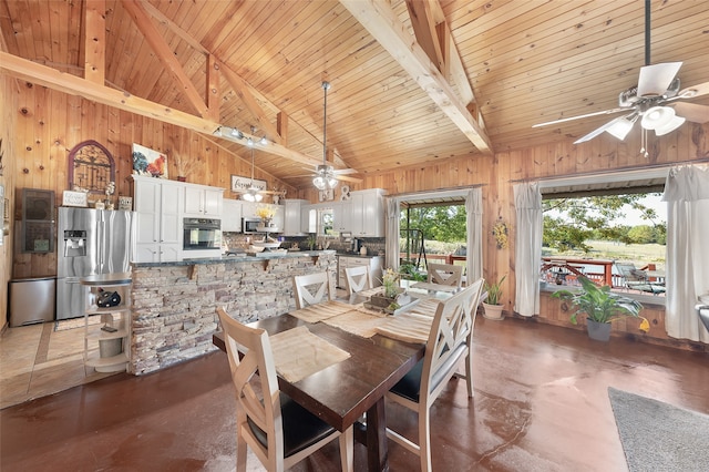 dining space with wood walls, ceiling fan, high vaulted ceiling, and wooden ceiling