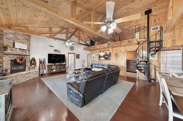 living room with beam ceiling, ceiling fan, high vaulted ceiling, wooden ceiling, and a stone fireplace