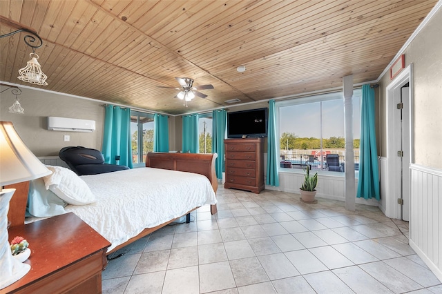 bedroom with ceiling fan, wooden ceiling, light tile patterned flooring, and a wall mounted AC