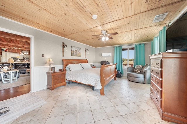 bedroom featuring ceiling fan, wooden ceiling, light tile patterned floors, and a wall mounted air conditioner