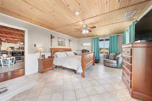 bedroom featuring visible vents, wooden ceiling, light tile patterned floors, wainscoting, and ceiling fan