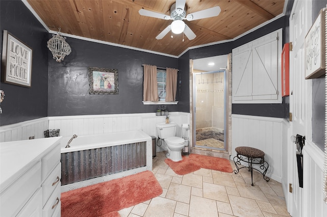 full bathroom featuring wood ceiling, toilet, separate shower and tub, ornamental molding, and vanity