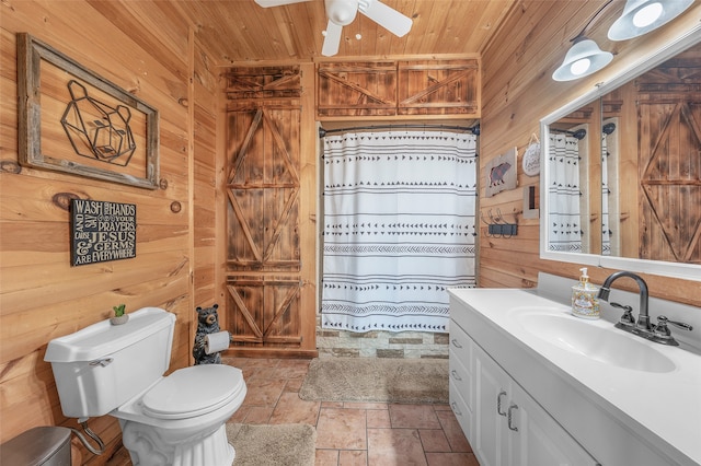 bathroom featuring vanity, toilet, wooden ceiling, and wooden walls