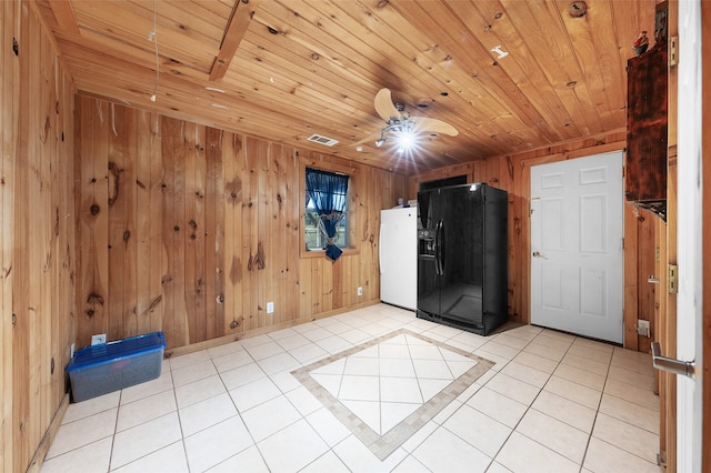 spare room with light tile patterned floors, wooden walls, wooden ceiling, and ceiling fan