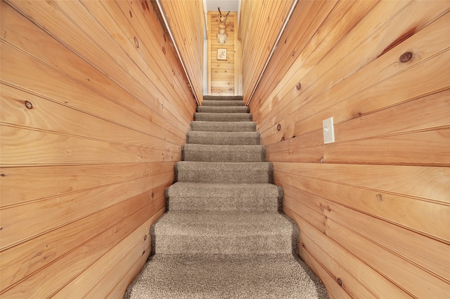 staircase featuring wood walls, carpet, and wooden ceiling