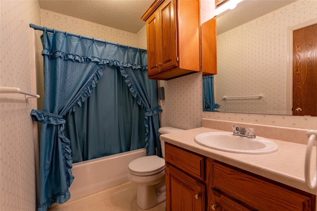 full bathroom with vanity, toilet, a textured ceiling, and shower / tub combo with curtain