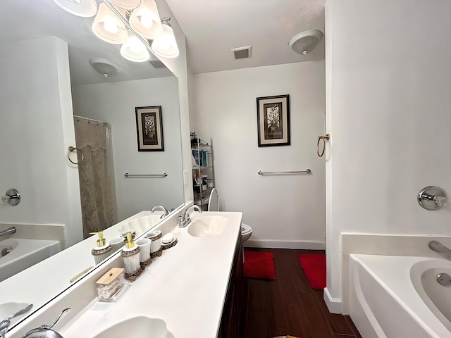 full bathroom featuring vanity, plus walk in shower, hardwood / wood-style flooring, and toilet