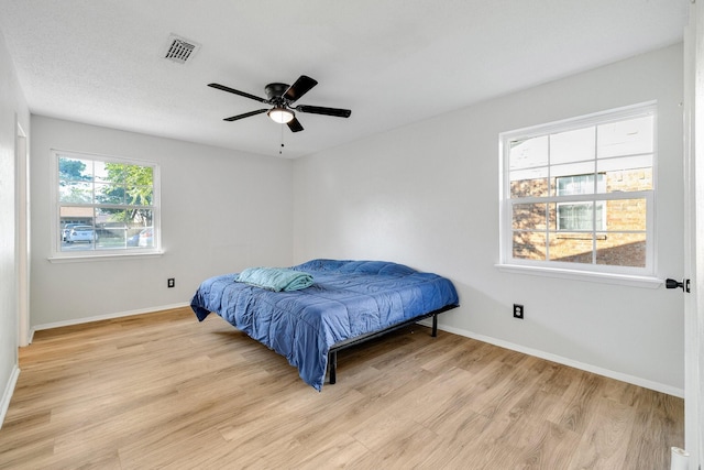 bedroom featuring light wood-type flooring and ceiling fan