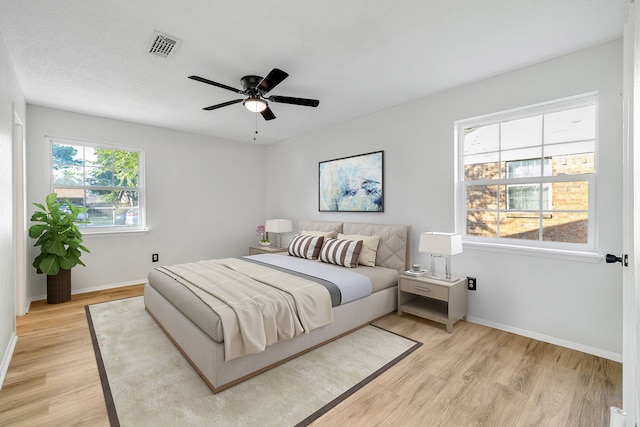 bedroom with ceiling fan and light hardwood / wood-style flooring