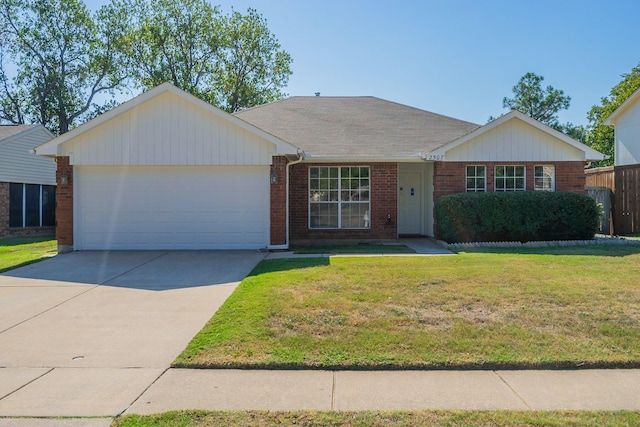 ranch-style house with an attached garage, brick siding, driveway, a front lawn, and a shingled roof