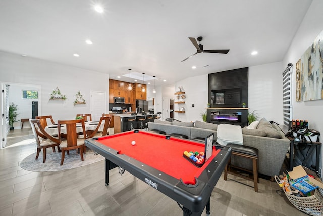 rec room featuring ceiling fan and pool table