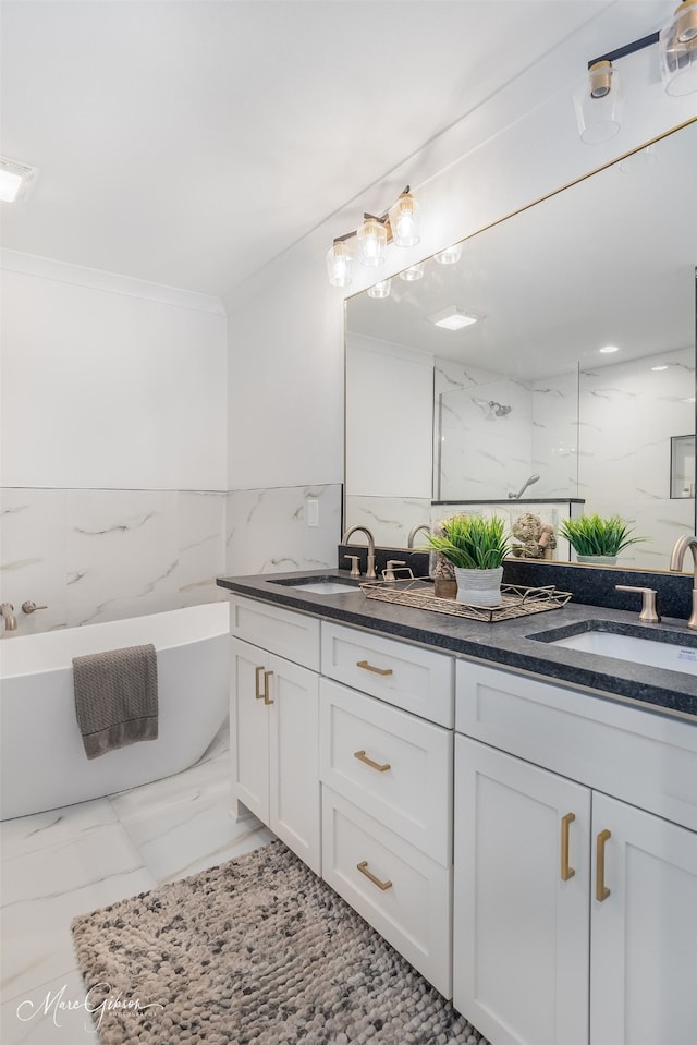 bathroom with vanity, independent shower and bath, tile walls, and ornamental molding